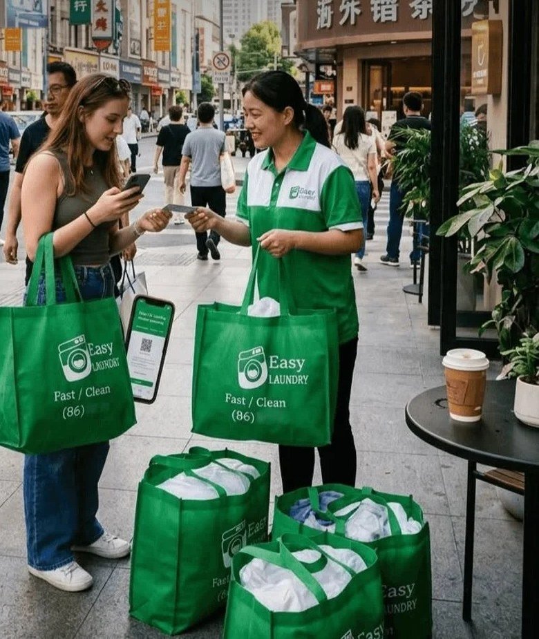 Easy Life staff member handing green laundry bags to a customer for dry cleaning pickup and delivery