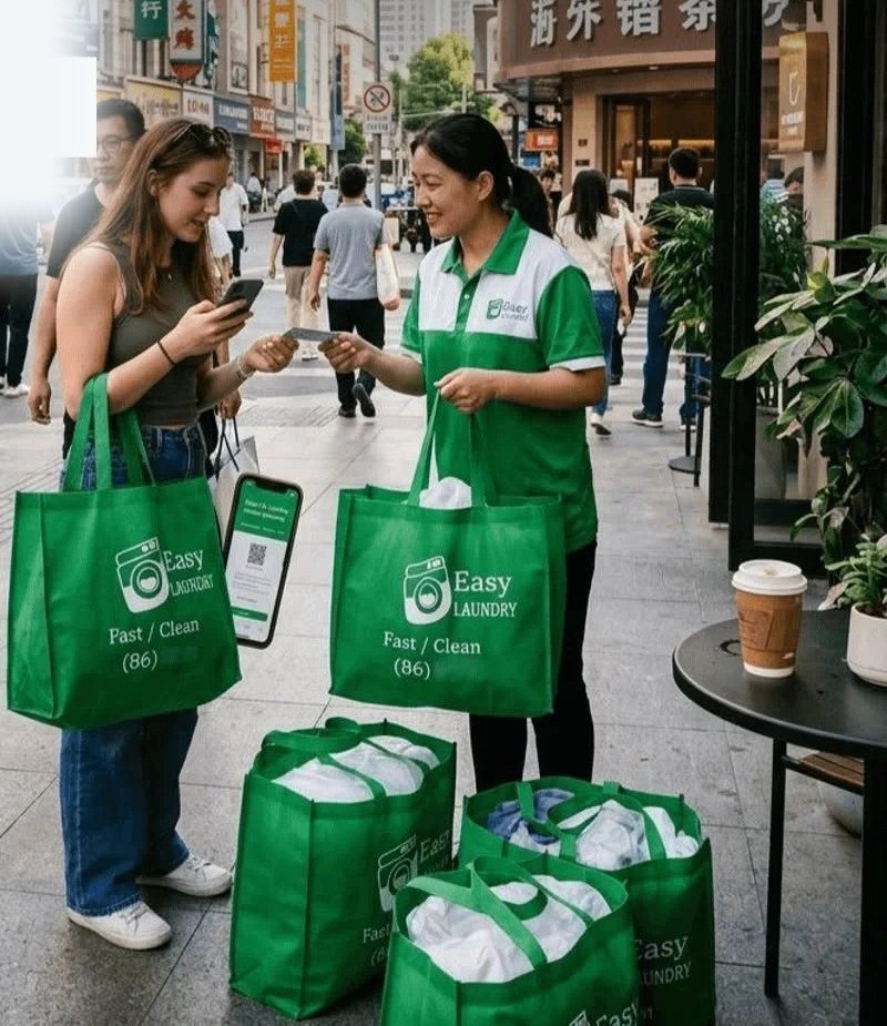 Easy Life staff member handing green laundry bags to a customer on a busy city street in China