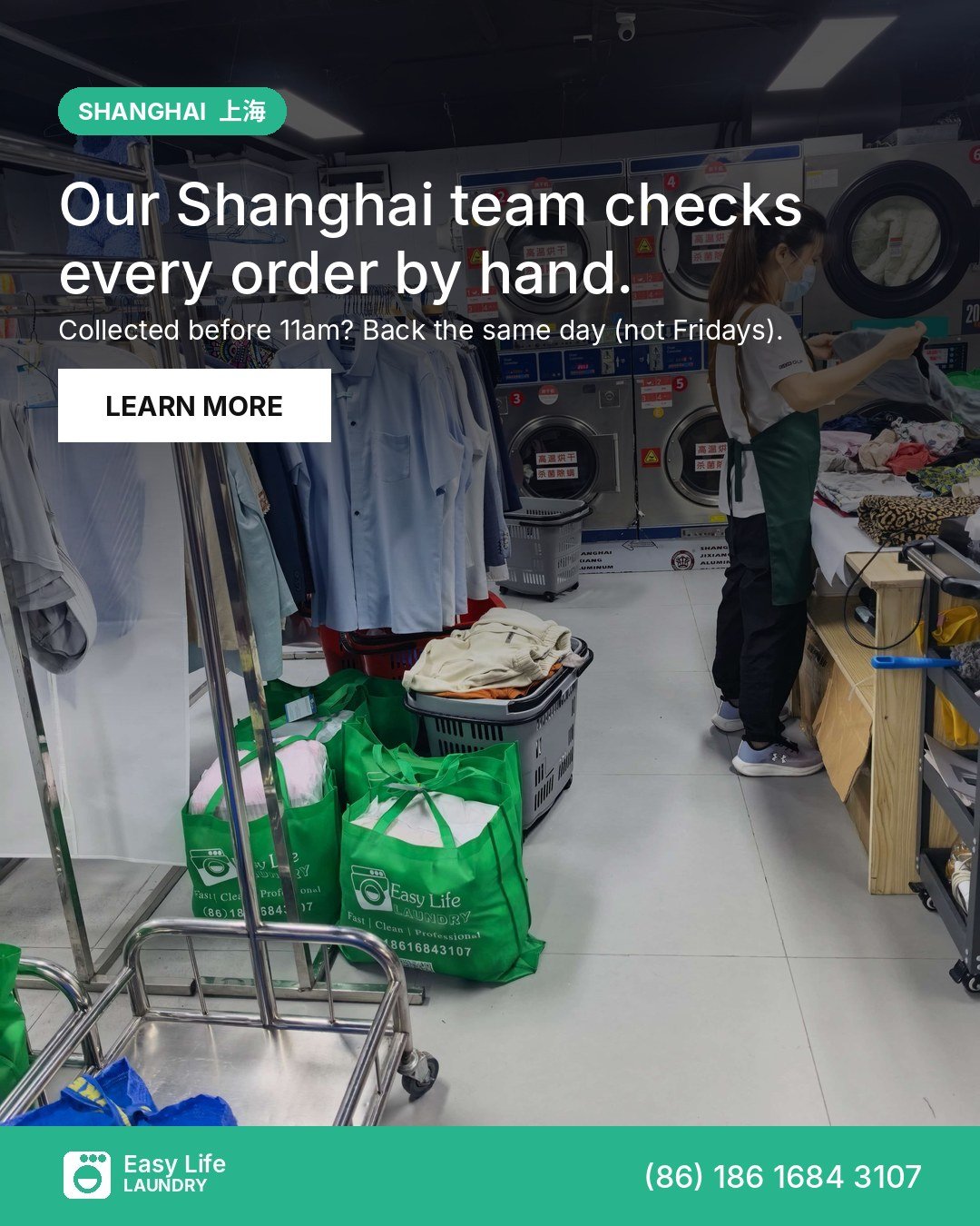 Easy Life Laundry team member sorting customer laundry at the Shanghai shop