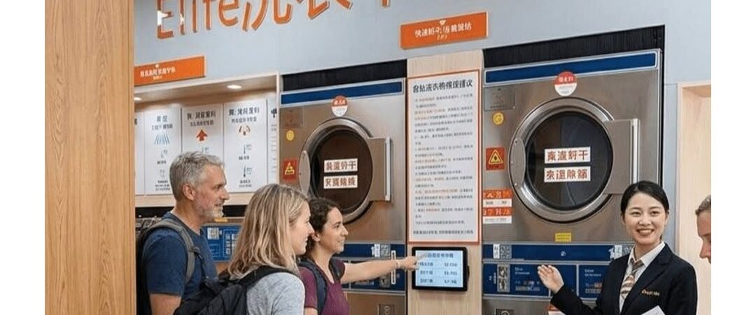 Easy Life Laundry staff helping travellers at a self-service laundry, Wuhan laundry by weight