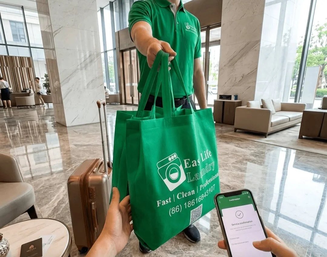 Easy Life Laundry driver handing over a laundry bag in a hotel lobby near Eastern New Town, Ningbo