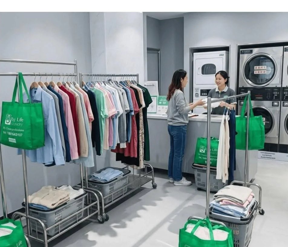 Easy Life Laundry staff checking in garments at a shop counter